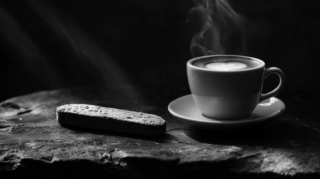 A stylish and adaptable stock visual cozy monochrome coffee shop: an assortment of global coffees, biscotti, and coordinating tableware, beautifully displayed on a dark table

or

a gathering of.
