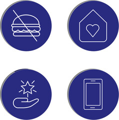 "Minimal wellness icon set including care, mindfulness, no junk food, self-love, and digital balance concepts in light/dark themes, transparent background."