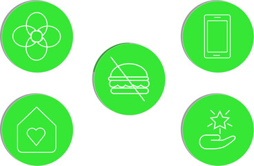 "Minimal wellness icon set including care, mindfulness, no junk food, self-love, and digital balance concepts in light/dark themes, transparent background."
