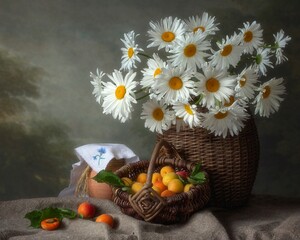 Summer still life with bouquet chamomiles and apricots