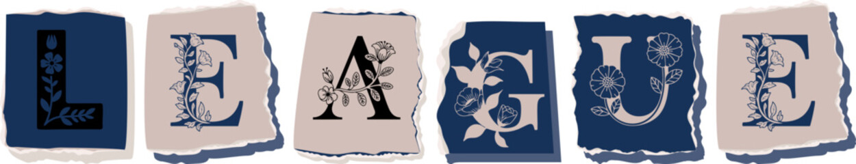 LEAGUE Floral Typography of a Concept Word � Elegant Torn Paper Letter Design