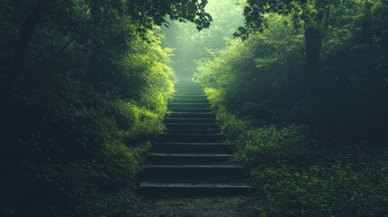 Misty forest path with stairs