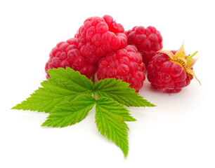 Raspberries and leaves.