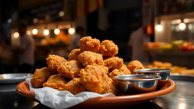 Crispy pakoras piled in a terracotta plate with side chutney bowls, food stall backdrop &ndash; bright ambient light