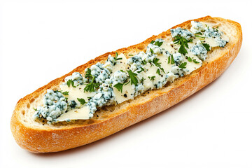 Isolated crunchy baguette slice topped with blue cheese and herbs on white background, savory gourmet snack close-up