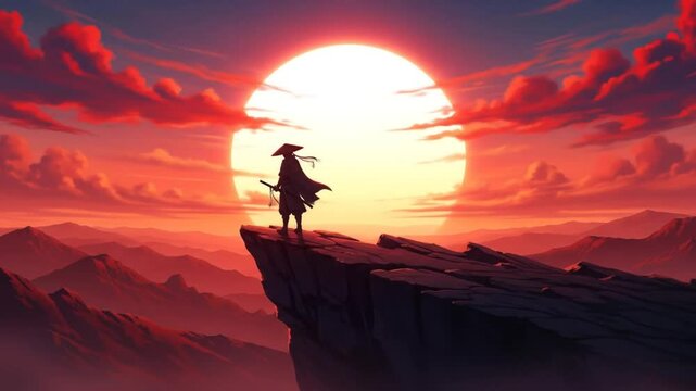 Samurai Sunset. Epic Anime Warrior Silhouette Live Wallpaper - Red Sky Mountain Landscape with Dynamic Clouds & Golden Hour Glow