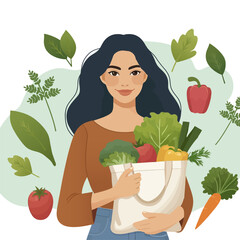 Flat vector illustration of a smiling young woman holding a reusable tote bag filled with fresh vegetables.
