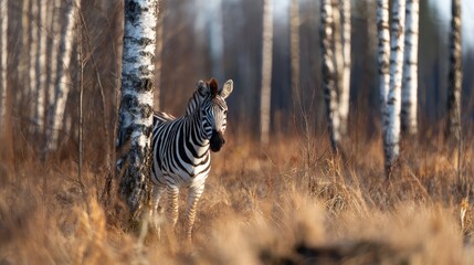 Fototapeta premium A zebra peeks out from behind a birch tree in a serene forest setting, exemplifying the beauty of wildlife and its adaptability to natural environments.
