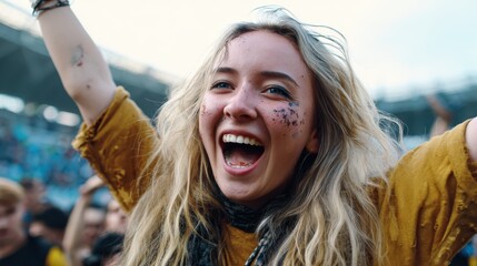 An exuberant young girl joyfully celebrates at a vibrant music festival, surrounded by a diverse crowd and colored by joyous expressions and energy in the atmosphere.