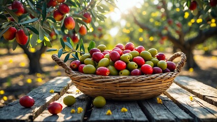 Harvesting Olives Basket on Wooden Table in Orchard with Sunlight