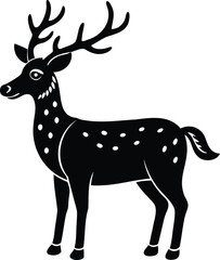 Monochrome vector image of a spotted deer with magnificent antlers standing sideways