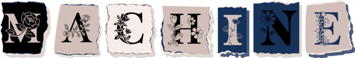 MACHINE Floral Typography of a Concept Word � Elegant Torn Paper Letter Design