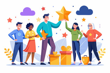 Fototapeta premium A flat vector illustration of five business people holding large golden stars, symbolizing teamwork, customer satisfaction, five-star ratings, and positive reviews.