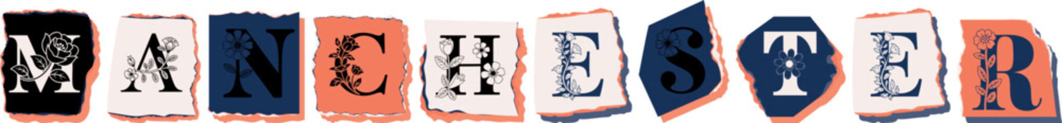 MANCHESTER Floral Typography of a Travel Destination � Elegant Torn Paper Letter Design