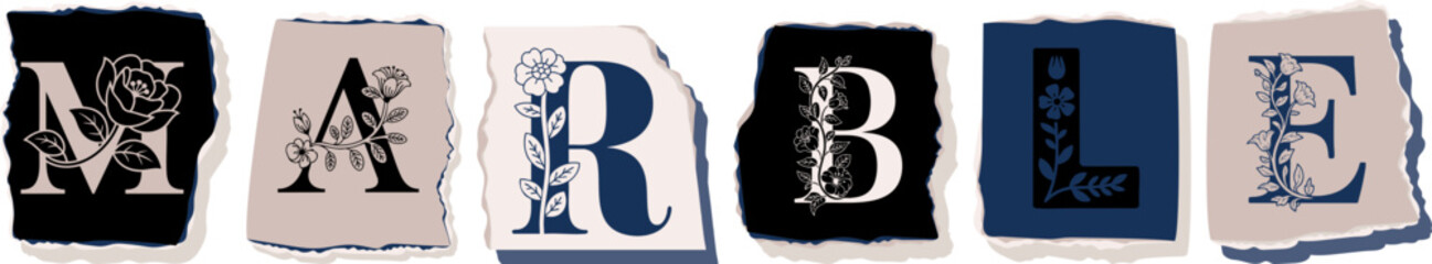 MARBLE Floral Typography of a Concept Word � Elegant Torn Paper Letter Design