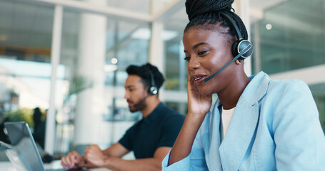 Finance, headset or woman in call center for chat, online help or business loan advice. Financial consultant, coworking or inbound agent in agency for insurance service, support or communication
