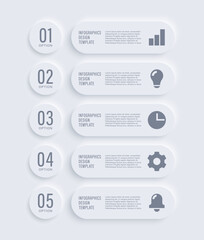 Neumorphism white vertical design infographic template. Five steps or processes infographic layout with icons