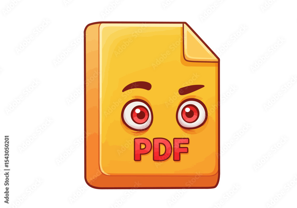 Poster a cartoon pdf file icon with red eyes eyebrows and pdf text against a white backdrop