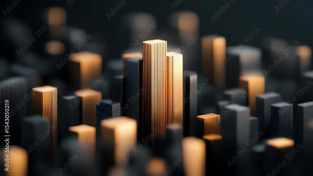 Poster abstract golden rectangular pillars on dark backdrop geometric arrangement pattern