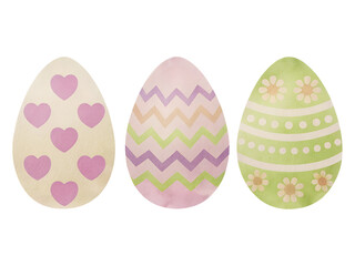 Three watercolor easter eggs with different patterns on transparent background.