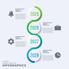 Neumorphism vertical timeline infographic template. White infographic layout with icons and dates