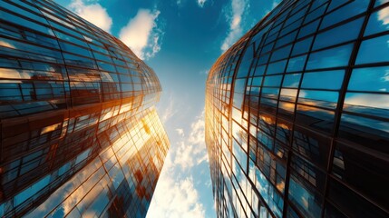 A dramatic view of futuristic glass buildings reflecting the beautiful colors of a sunset sky, symbolizing modern architecture and urban beauty in harmony with nature.