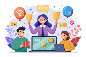 A flat vector illustration of five business people holding large golden stars, symbolizing teamwork, customer satisfaction, five-star ratings, and positive reviews.