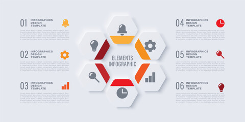 Neumorphism Pie Chart Infographic Template. Six infographic elements with icons and space for data