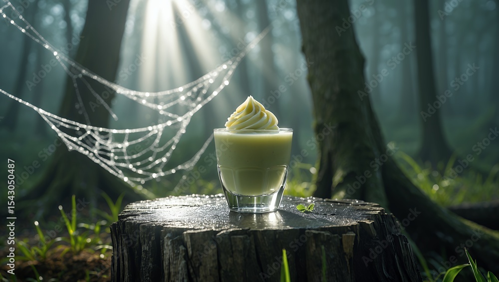 Poster drink with cream in forest setting with web and sunlight
