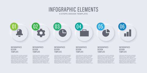 Neumorphism business infographic design template. Six infographic elements with icons and space for data