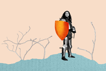 Exclusive artwork banner creative collage of serious warrior man wear protection steel armor hold...