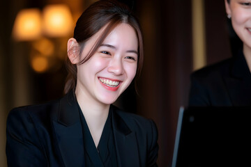 A young woman in a black blazer smiles warmly while looking at a laptop, suggesting a positive and engaging professional interaction.