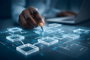 A hand interacts with a digital interface displaying a futuristic flowchart of interconnected 3D blocks and nodes.