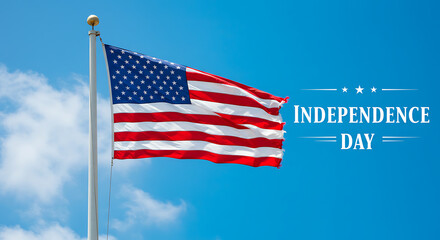 Elegant Independence Day Typography with Waving American Flag and Blue Sky Background - 4th of July Design - independence day (united states)