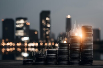 Stacks of coins arranged in ascending order with a cityscape background and a glowing financial graph indicating growth and investment.