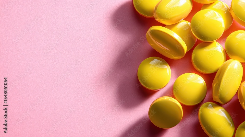 Poster an artistic composition of bright yellow plastic capsules scattered on a soft pink surface captures 