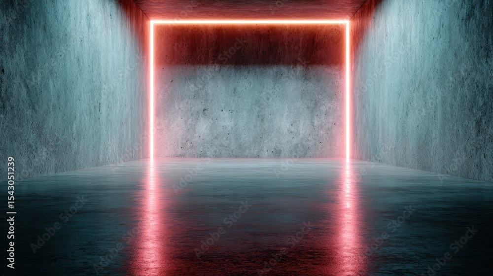 Poster an abstract representation of minimalism with neon lighting in a stark concrete space, embodying mod