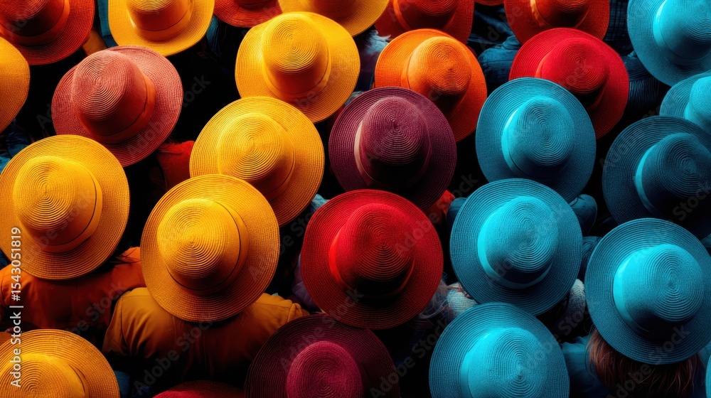 Poster an aerial view of a captivating array of brightly colored hats worn by a crowd, representing unity i