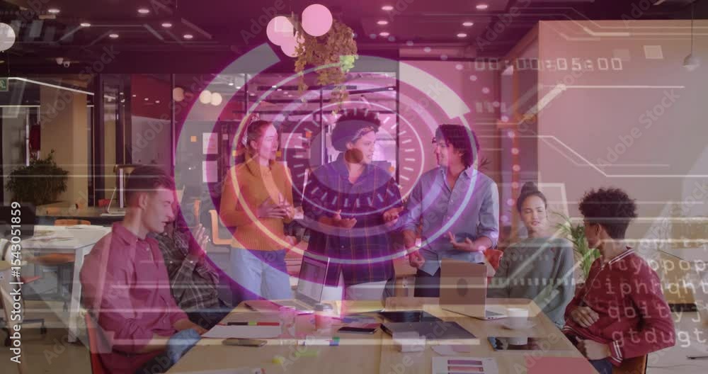 Poster digital overlay appearing over business meeting while team exchanging ideas with pulsing graphics
