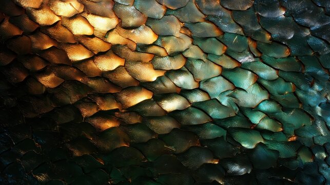 An abstract close-up view of stunning fish scales showcasing rich colors and intricate patterns, highlighting the beauty of marine life and textures found in nature.