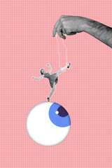 Composite image montage trend artwork 3D collage of boss hand hold rope moving young lady stand...