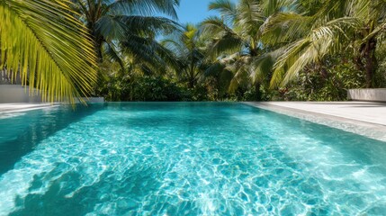 A picturesque swimming pool scene framed by lush palm trees, offering a serene getaway that embodies relaxation and a tropical experience.