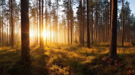 Obraz premium A stunning sunrise casts golden rays through a serene forest of tall pine trees, creating a peaceful and inviting atmosphere that resonates with nature's beauty.