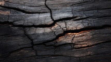A close-up view of a charred wooden surface exhibiting deep cracks and a rich black hue, representing rustic beauty and organic textures fit for creative designs.
