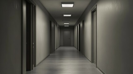 Minimalist business hallway interior with empty gray wall, polished concrete floor, soft natural lighting, and modern architectural design in a contemporary office space




