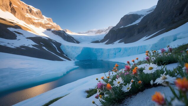 Glacier Meets Spring Wildflowers in Snowy Mountain Landscape Scenery