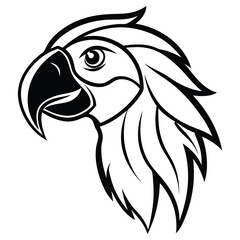 Bold outline depicts a parrot head in profile with a striking black beak