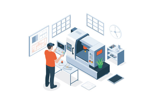 Isometric view of a CNC milling machine and engineer controlling it.