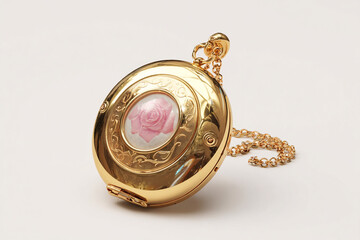 A photorealistic brass memory locket with shiny golden finish