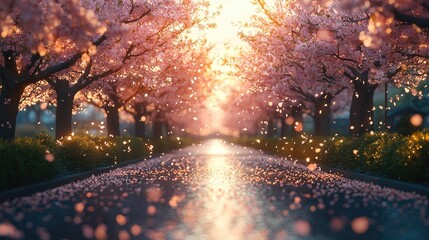 A springtime avenue lined with blossoming cherry trees, illuminated by the warm evening sun.